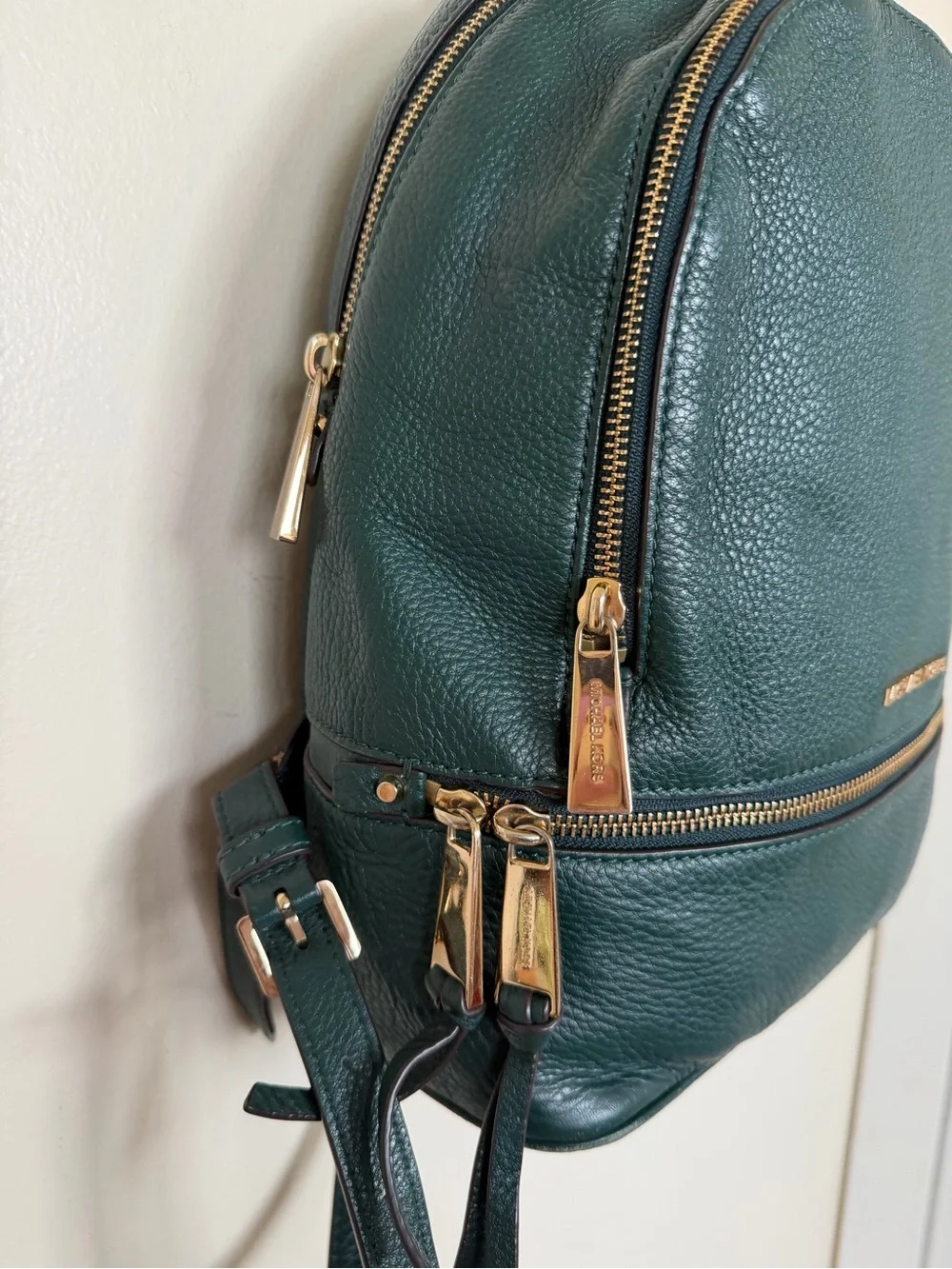 MICHAEL KORS Green Pebbled Leather Backpack Gold Hardware Zipper Inner Pocket